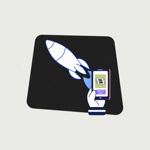 animated illustrations of a flying rocket, a dashboard panel, and a hand holding a cell phone scrolling through an ecommerce site