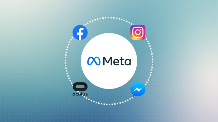 logo for the Meta company surrounded by logos for Facebook, Instagram, Oculus, and Messenger, all over a blue gradient